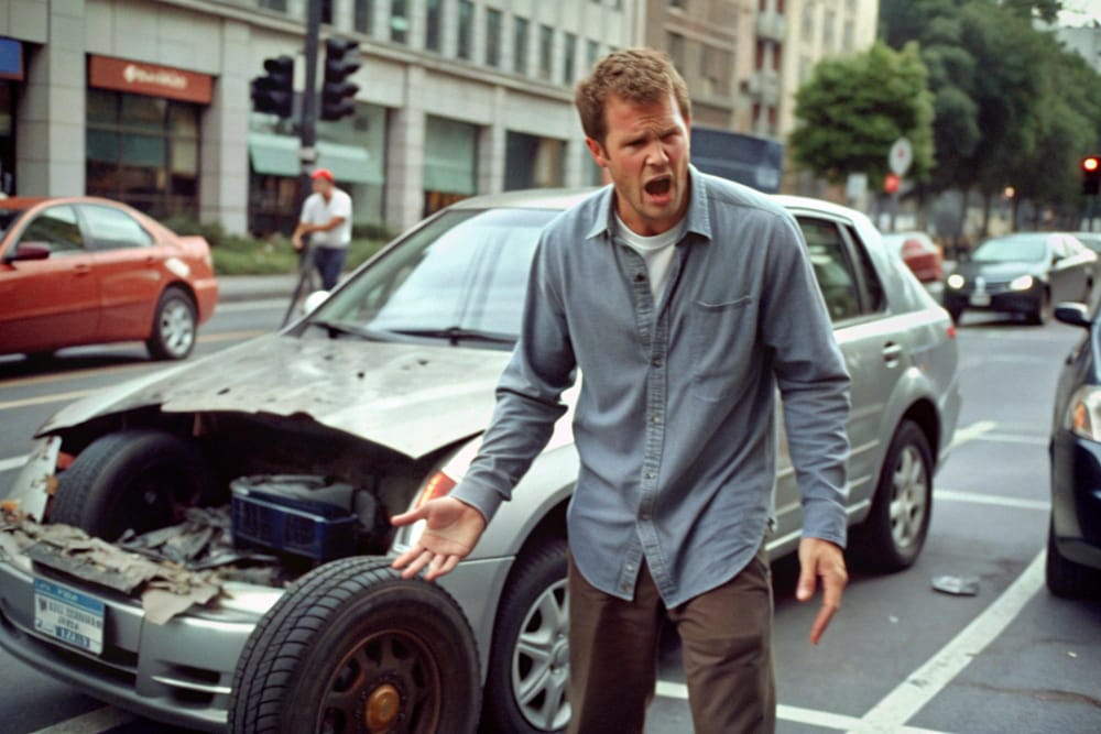 A person experiencing the impact of a car crash, illustrating the physical effects on the body, such as whiplash and force distribution upon collision.