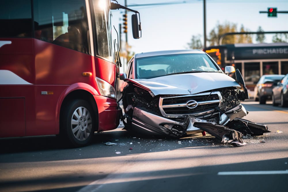 Car and bus accident scene with emergency responders attending to the damaged vehicles.