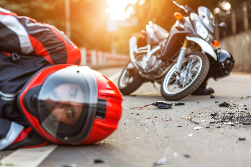 Motorcycle crash scene with a damaged bike on the road and emergency responders attending