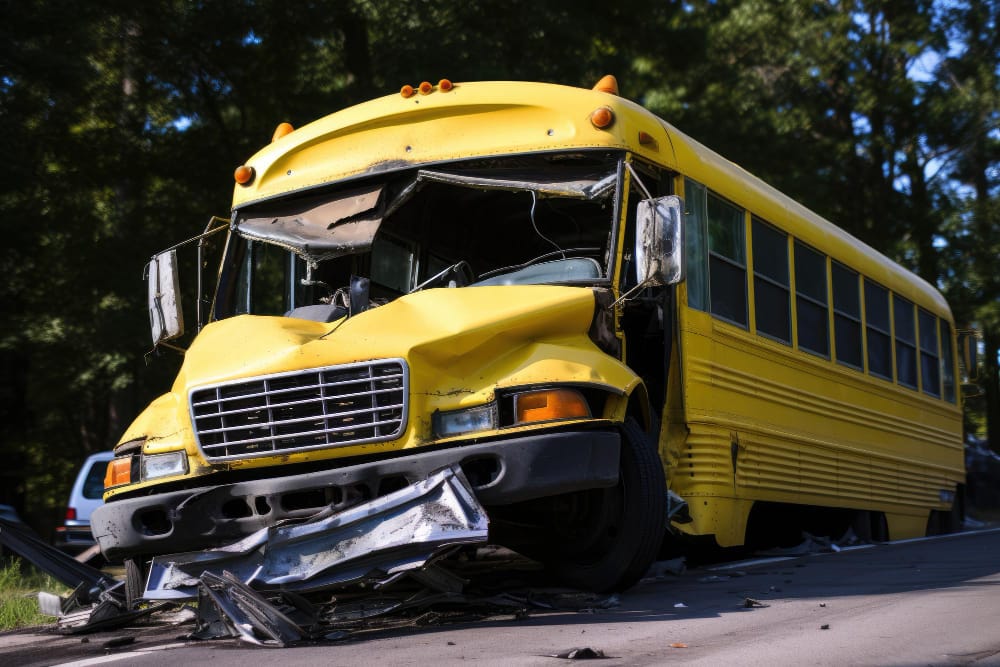A school bus involved in a collision, with visible damage and emergency responders at the scene
