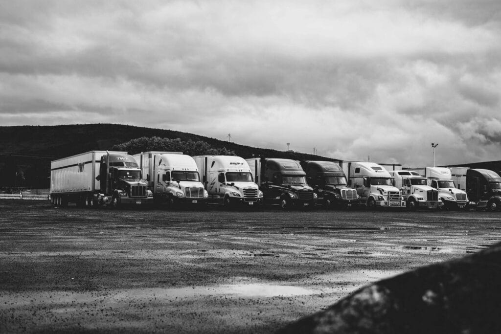 Row of semi trucks representing trucking accident cases in Illinois