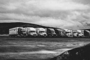 Row of semi trucks representing trucking accident cases in Illinois