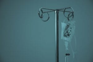 IV saline bag on hospital stand related to the Baxter recall