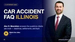 Illinois car accident FAQ video thumbnail featuring Phillips Law Offices attorney Alec D. Mesrobian